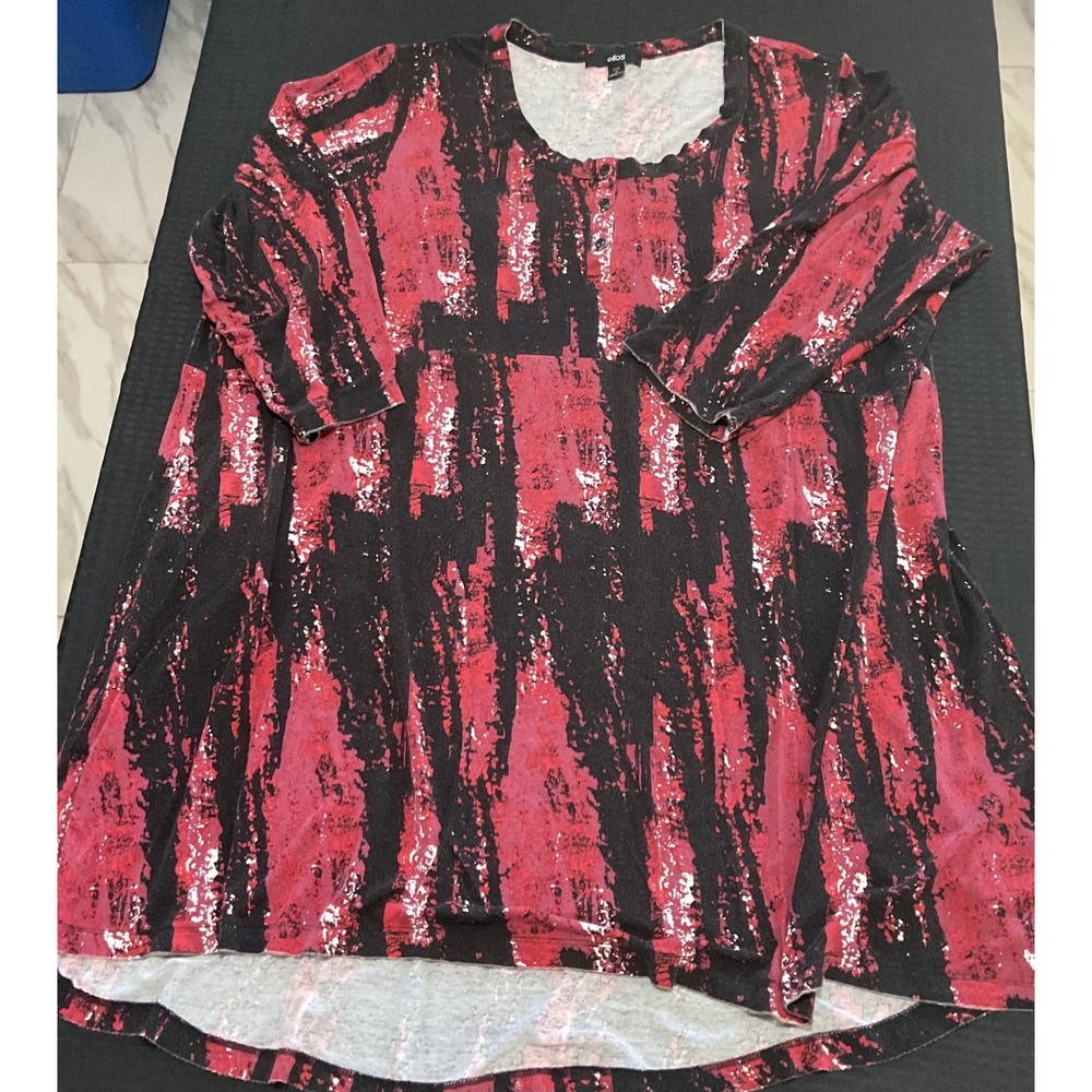 Ellos Womens 1X Red Black‎ Abstract Henley Tunic Top 3/4 Sleeve High Low 22/24